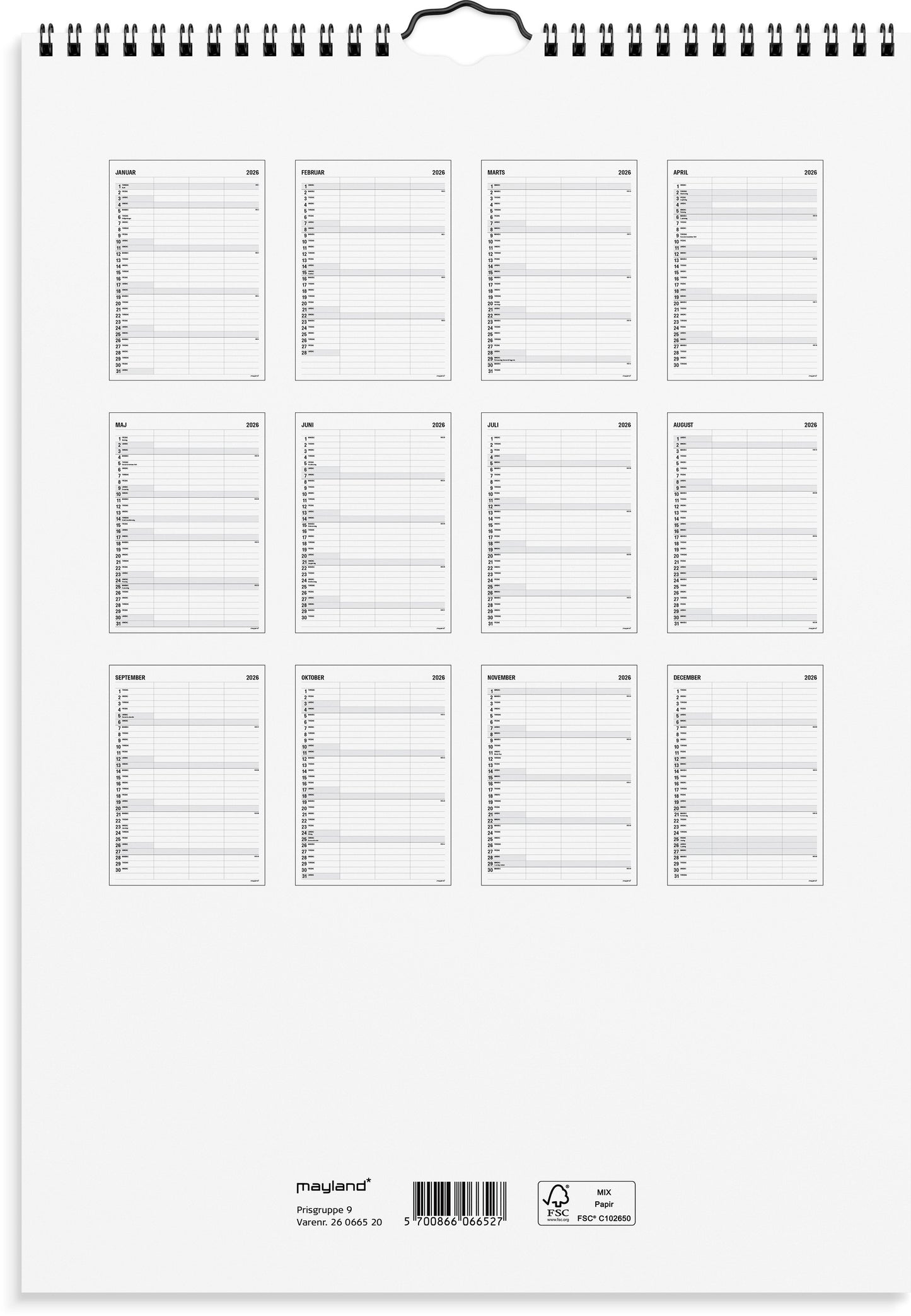 FAMILIEKALENDER BLACK AND WHITE 3 KOL. 2026