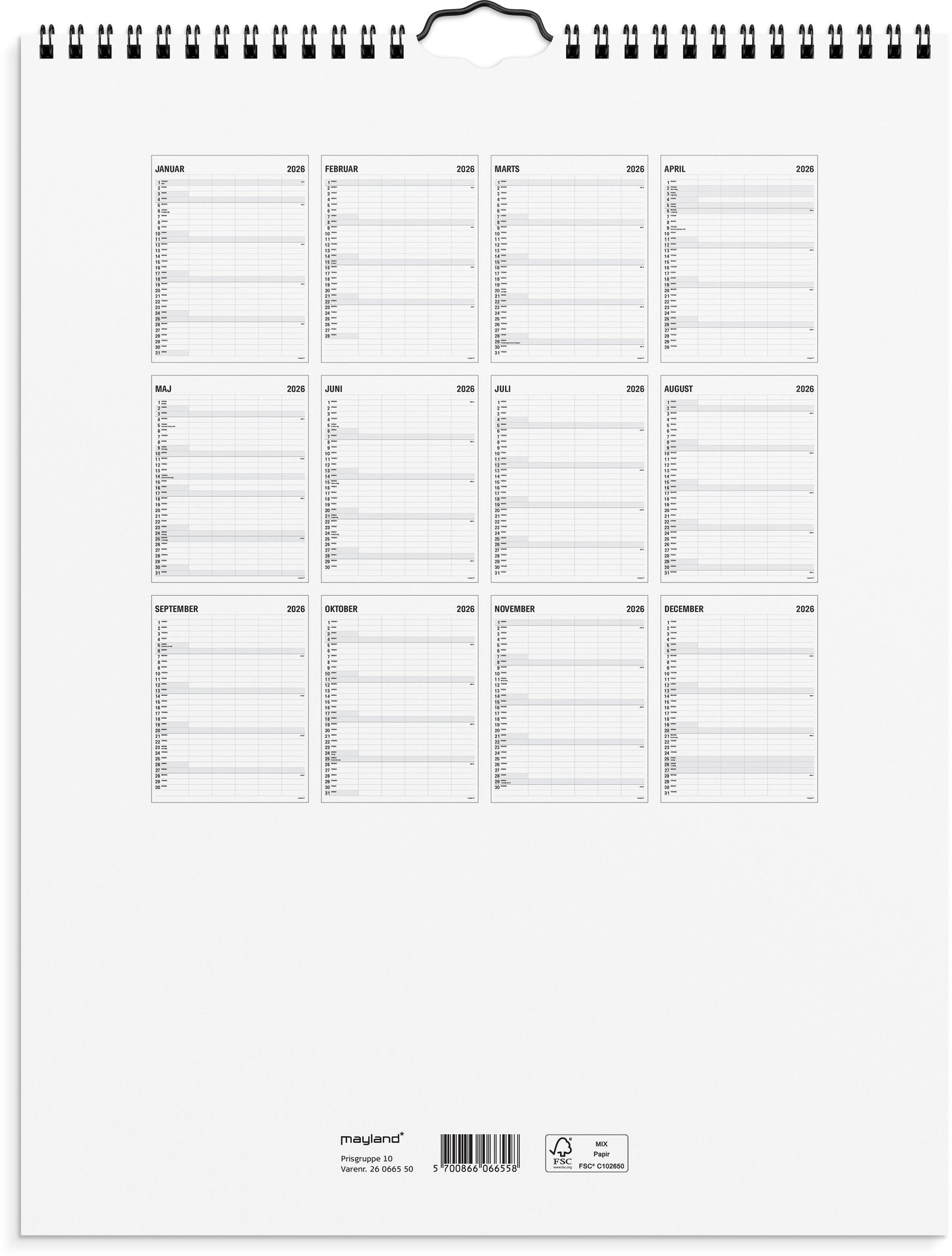 FAMILIEKALENDER BLACK AND WHITE 5 KOL. 2026