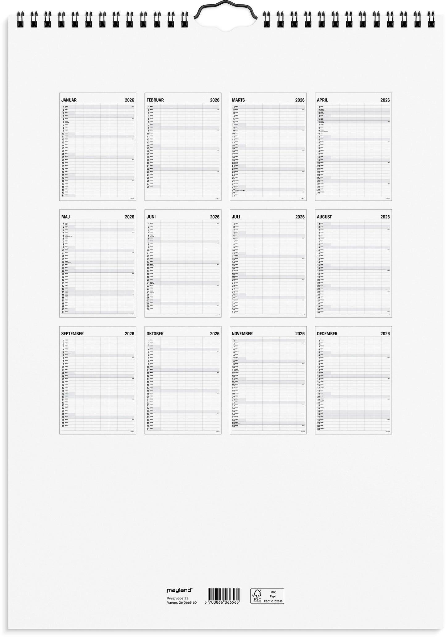 FAMILIEKALENDER BLACK AND WHITE 7 KOL. 2026