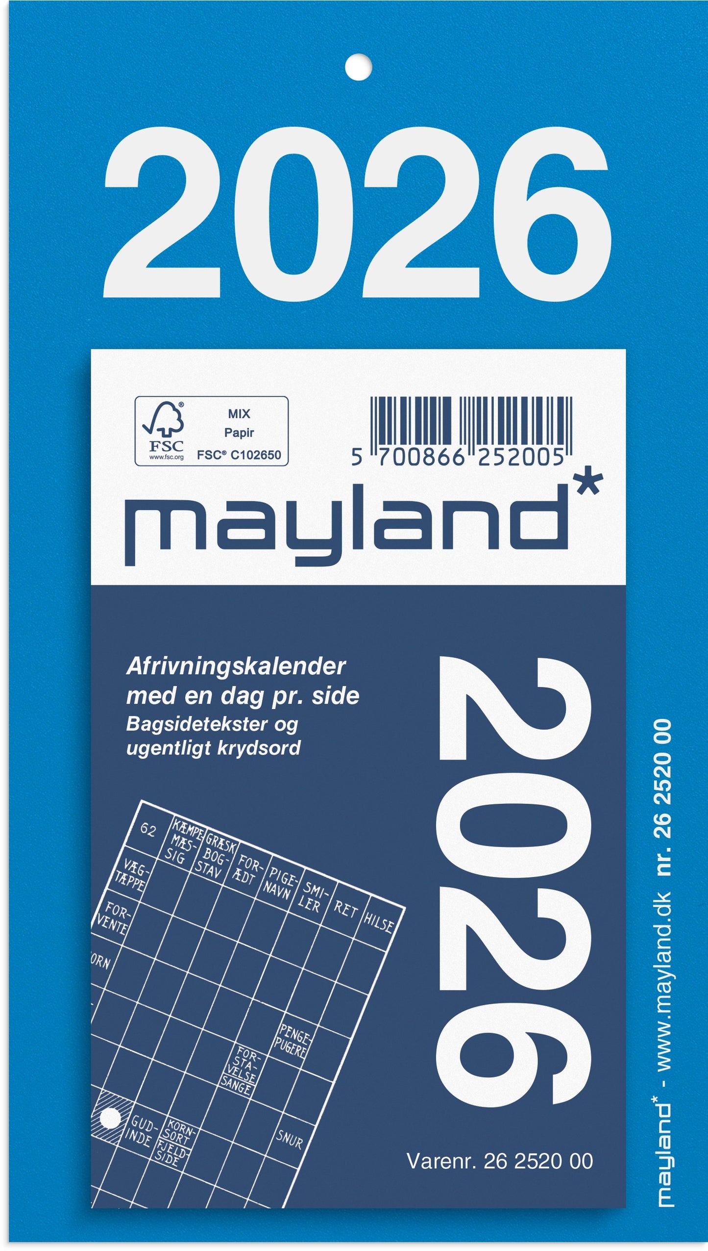 AFRIVNINGSKALENDER M/BAGSIDETEKST 2026