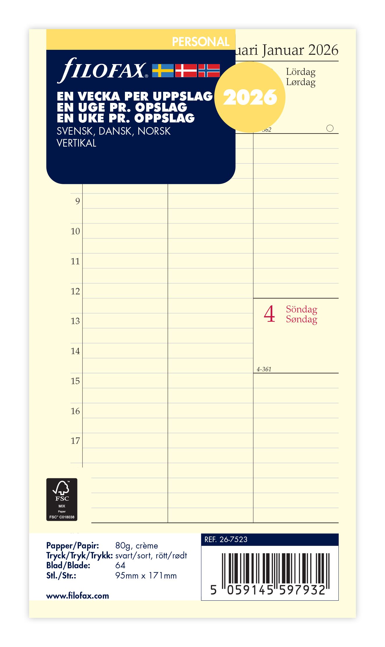 FILOFAX REFILL 1 UGE PR. OPSLAG VERTIKAL PERSONAL 2026