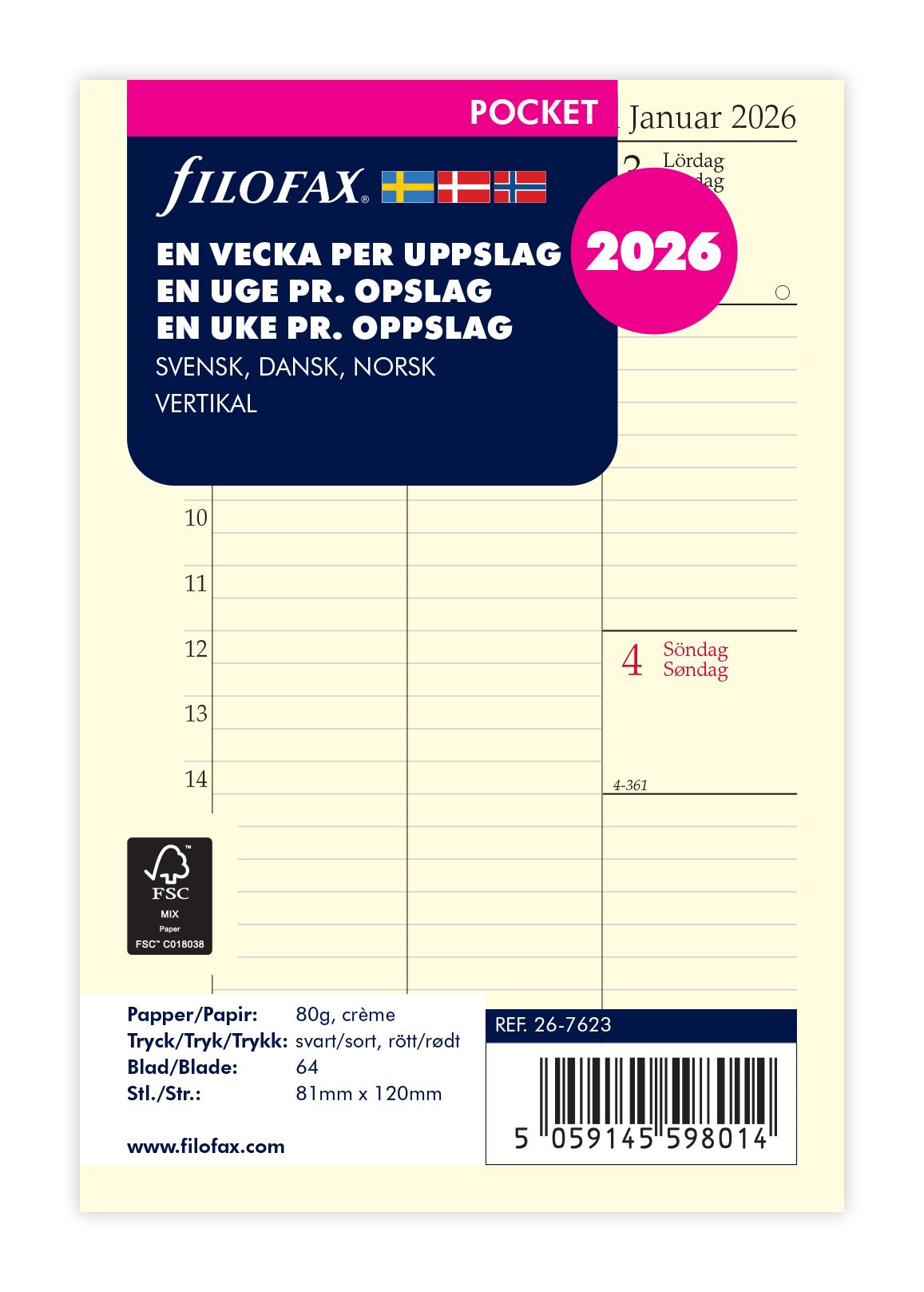 FILOFAX REFILL UGE PR. OPSLAG VERTIKAL POCKET 2026