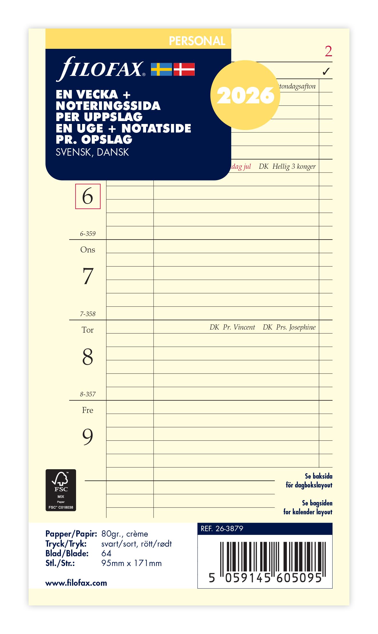 FILOFAX REFILL 1 UGE PR. SIDE + NOTATSIDE PERSONAL 2026