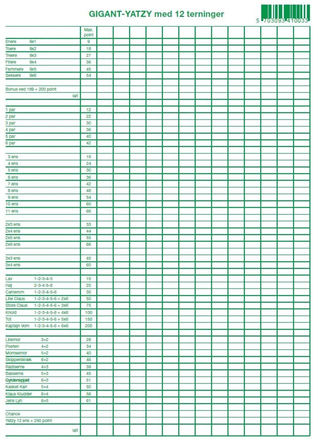 YATZY-BLOK A/4 GIGANT YATZY 12 TERNINGER