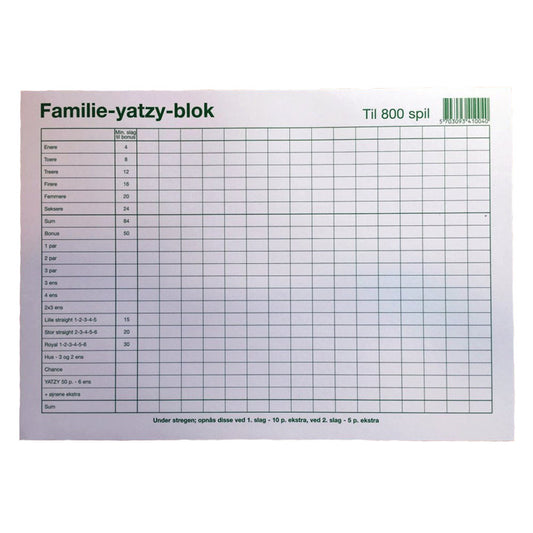 YATZY-BLOK A4 FAMILIE 6 TERNINGER