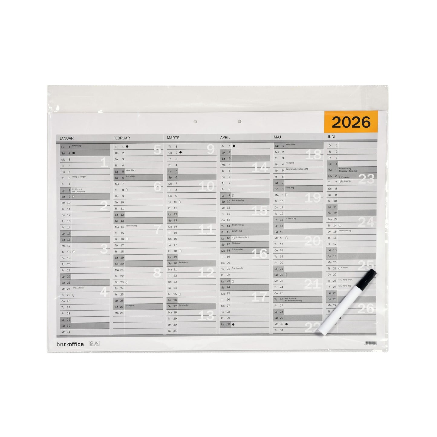 VÆGKALENDER A2 2026 WHITEBOARD DK