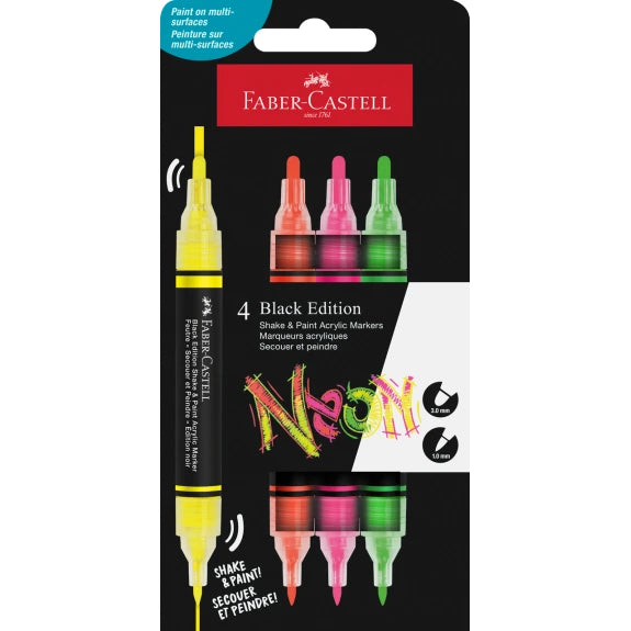 FABER CASTELL BLACK EDITION SHAKE & PAINT ACRYLIC MARKER 4 ASS NEON