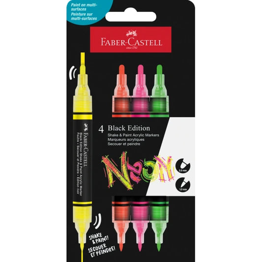 FABER CASTELL BLACK EDITION SHAKE & PAINT ACRYLIC MARKER 4 ASS NEON