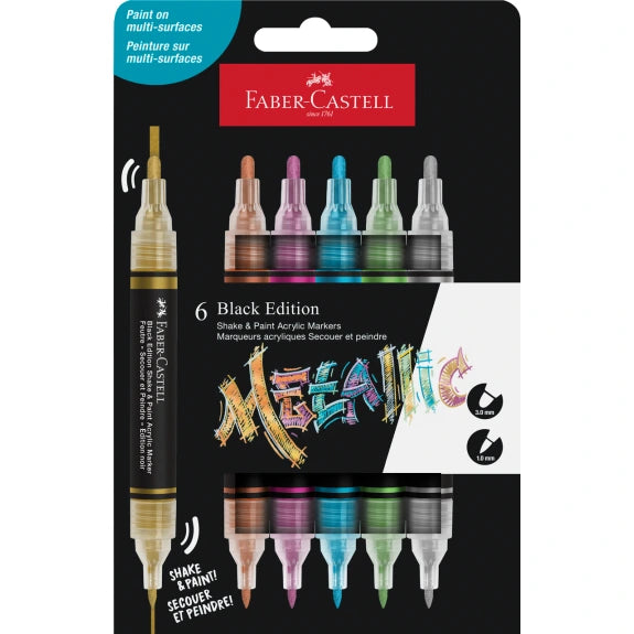 FABER CASTELL BLACK EDITION SHAKE & PAINT ACRYLIC MARKER 6 ASS METALLIC