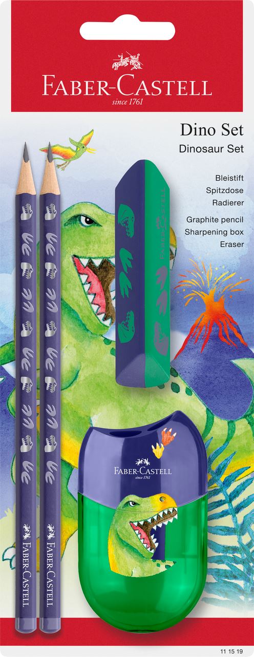 FABER CASTELL DINOSAUR 2 BLYANTER + VISKELÆDER + SPIDSER BC