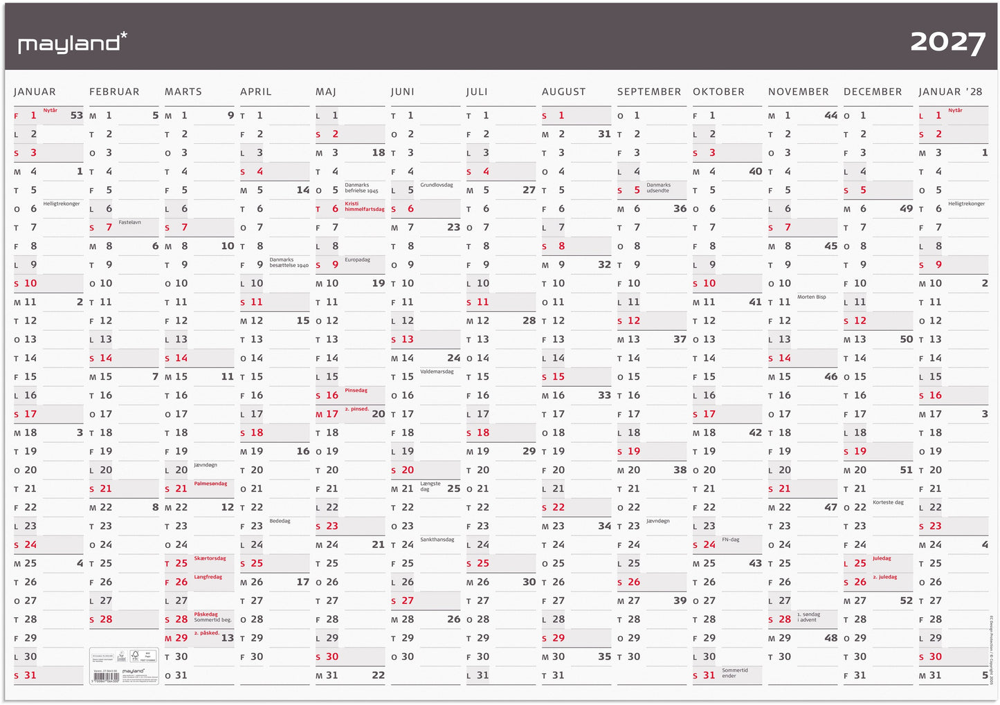 KÆMPEKALENDER MODERNE 1X13 MDR. PAPIR RØR 2027