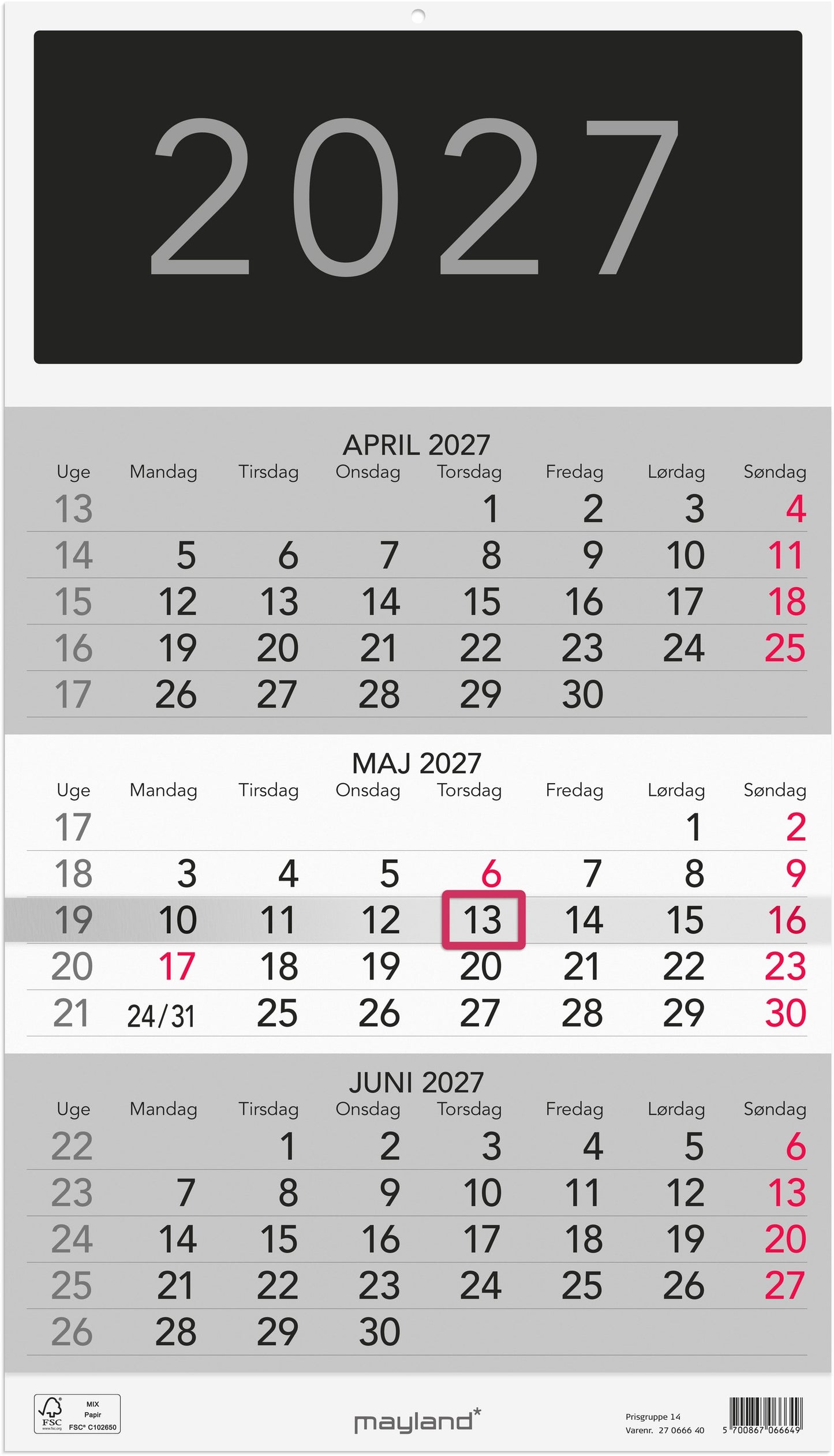 VÆGKALENDER TRIPLANNER 2027