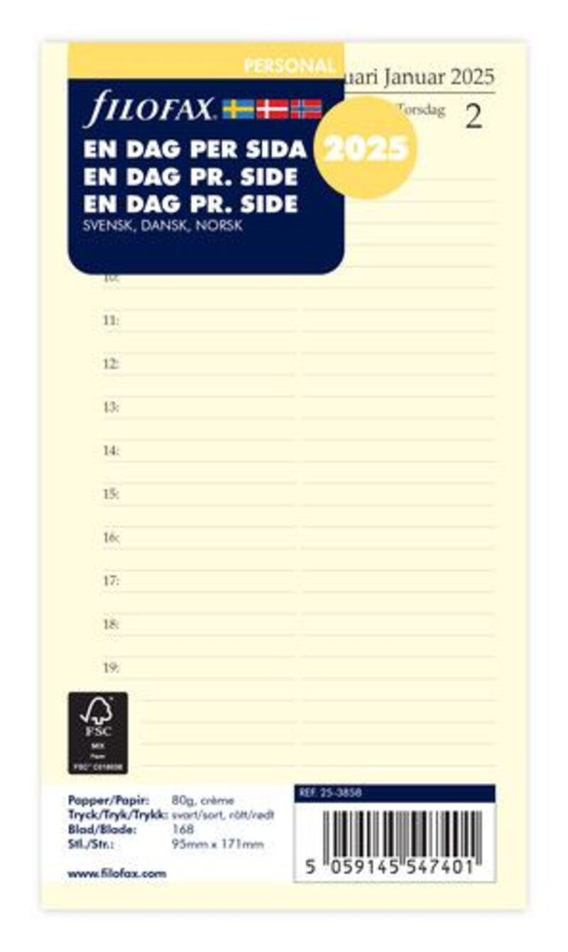 FILOFAX REFILL PERSONAL 2025 DAG PER SIDE