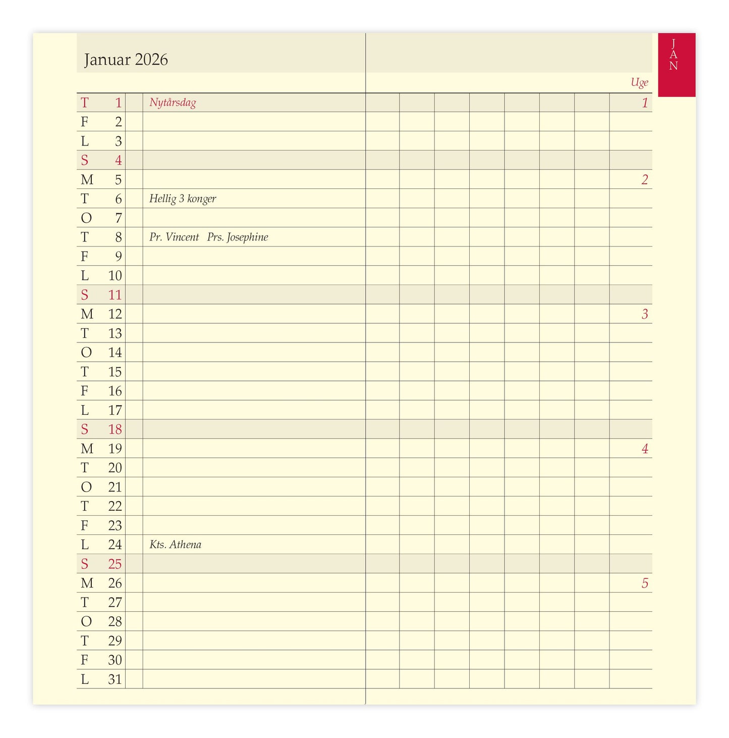 FILOFAX REFILL MÅNEDSOVERSIGT PERSONAL 2026