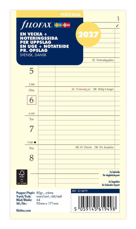FILOFAX REFILL EN UGE PR OPSLAG+NOTATSIDE PERSONAL 2027