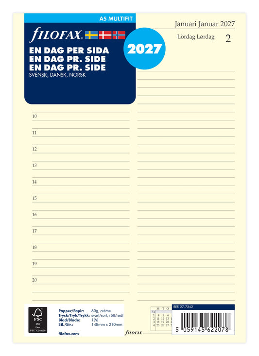 FILOFAX REFILL A5 EN DAG PR: SIDE 2027