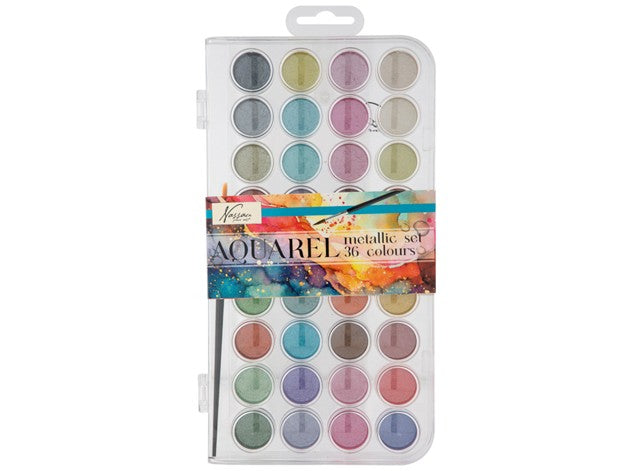 36 METALLISKE AKVARELFARVER I EN GENNEMSIGTIG PALET