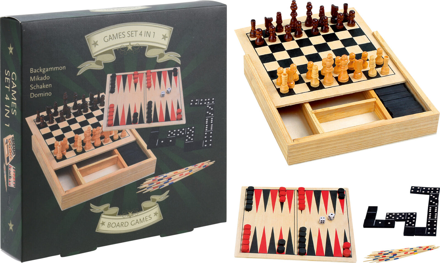 4-i-1 SPIL SKAK, BACKGAMMON, MIKADO & DOMINO (17x17 CM)