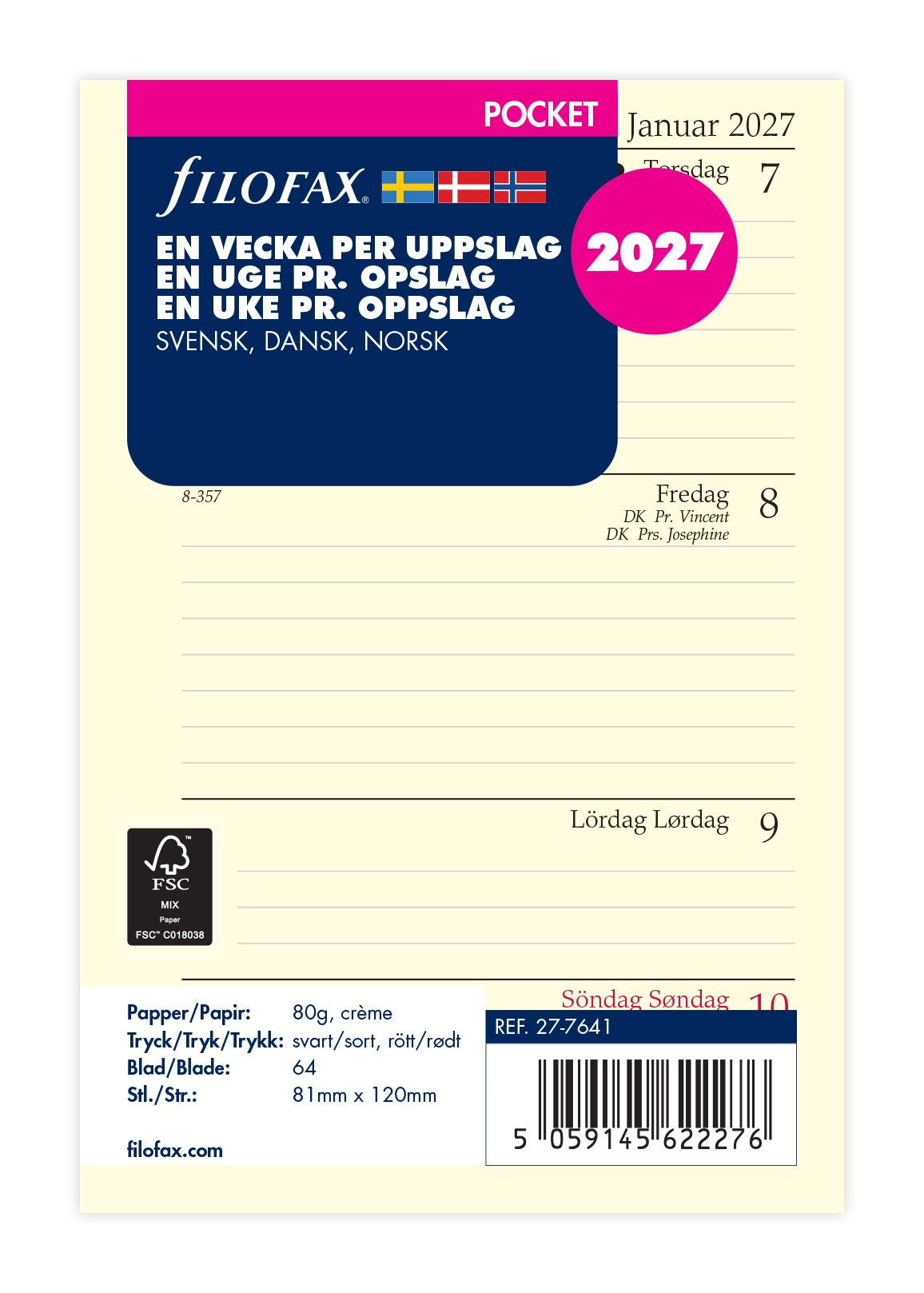 FILOFAX REFILL EN UGE PR OPSLAG HORISONTAL POCKET 2027
