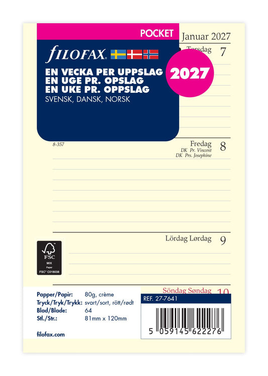FILOFAX REFILL EN UGE PR OPSLAG HORISONTAL POCKET 2027