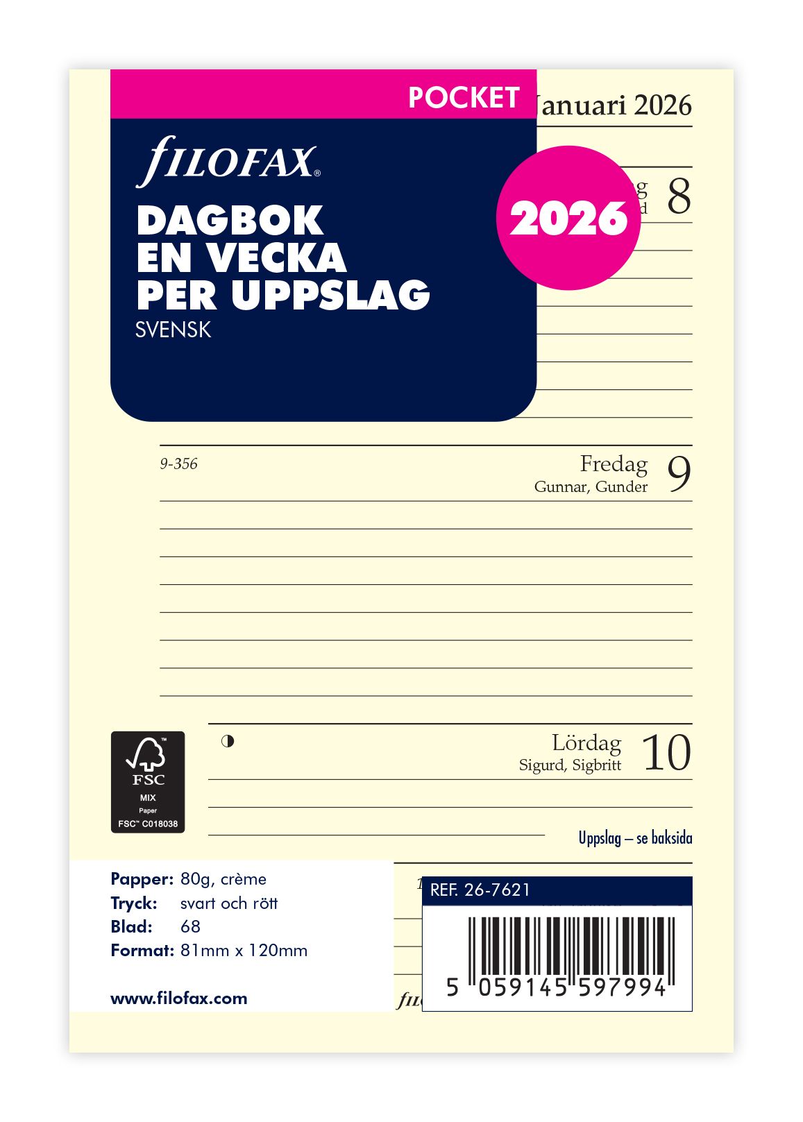 FILOFAX POCKET 2026 UGE PR. OPSLAG SVENSK